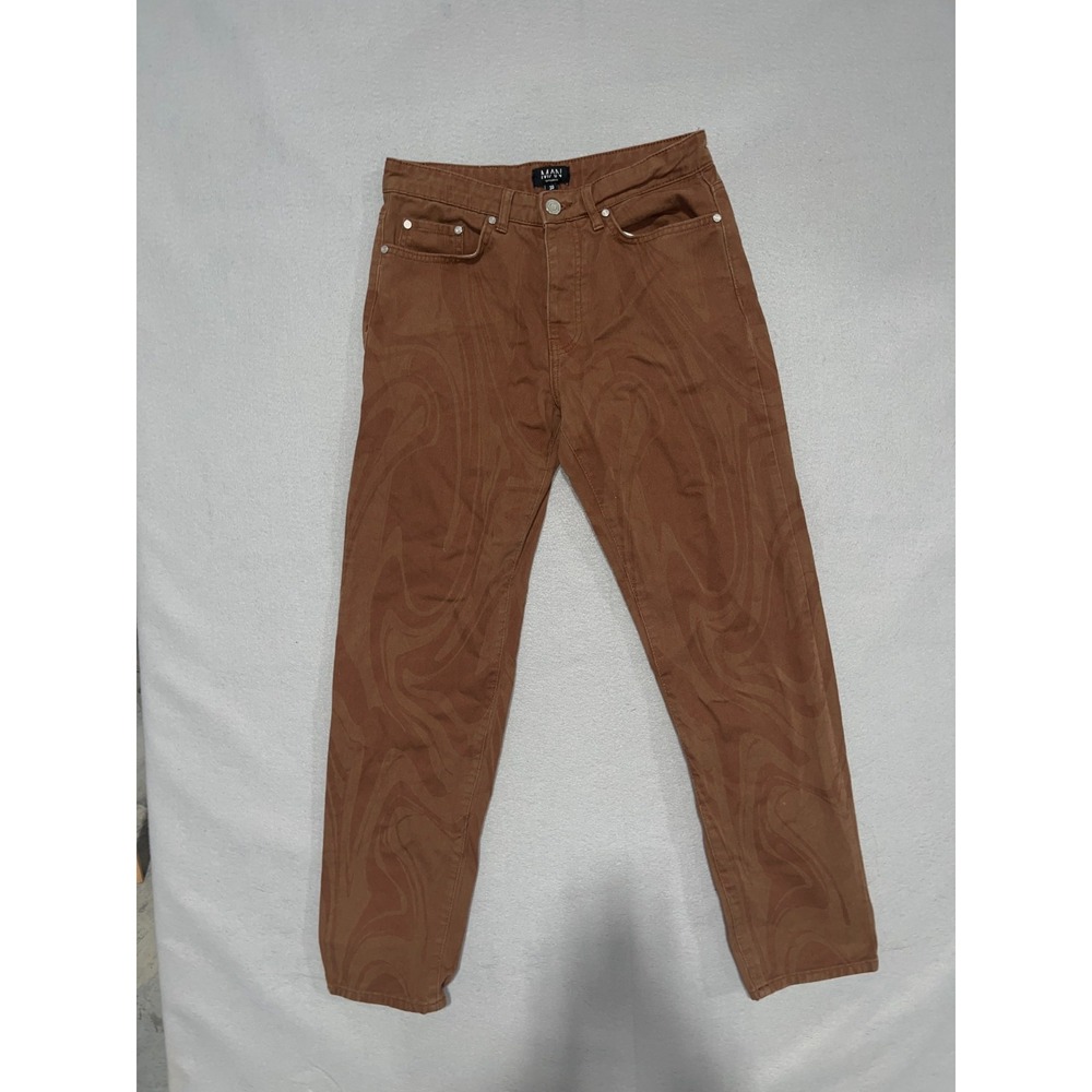 MAN Boohooman Pants Mens 30‎ Brown Flame Abstract Cotton Straight Leg Streetwear